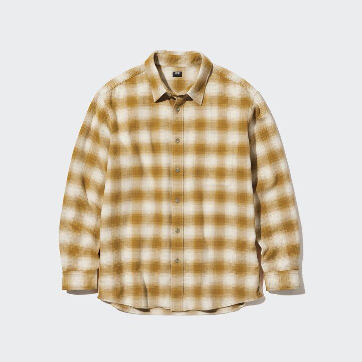 grå uniqlo flanellskjortor med rutmönster och vanlig krage för herr