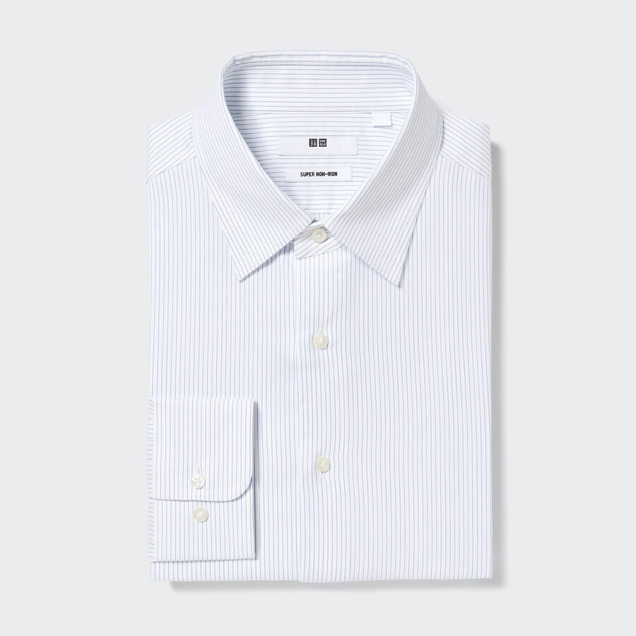 blå uniqlo super non iron regular fit randig herrskjorta med normal krage
