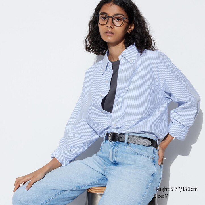 grå uniqlo herrskjortor med randig oxfordkrage och vanlig passform