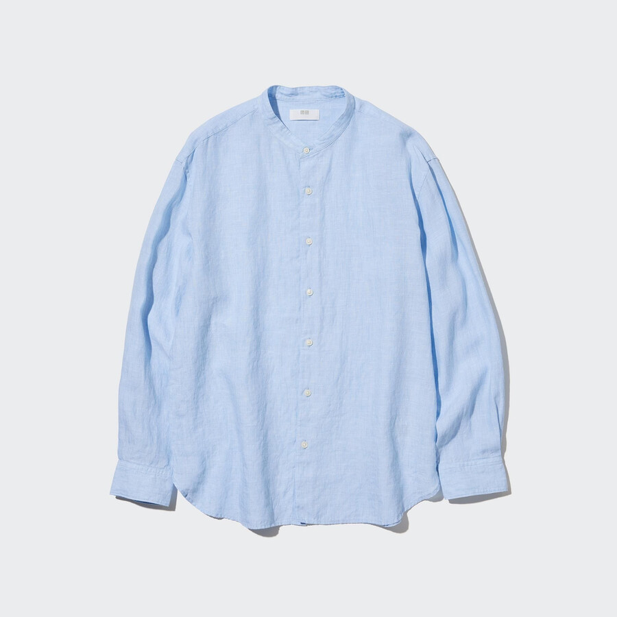 herr uniqlo 100 premium linne regular fit t-shirt med farfarskrage blå