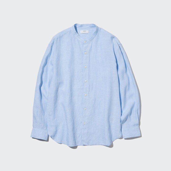 herr uniqlo 100 premium linne regular fit t-shirt med farfarskrage blå