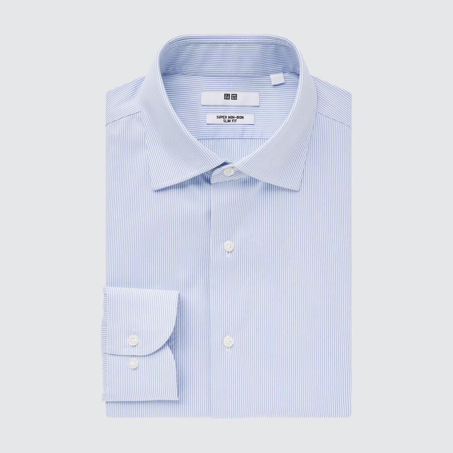 uniqlo super non iron slim fit randig skjorta med halv cutaway krage blå herrskjortor