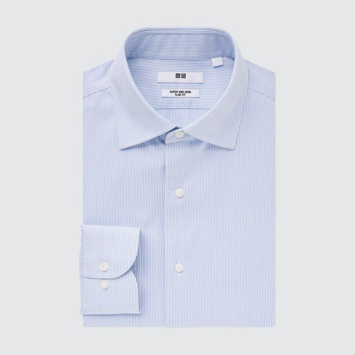 uniqlo super non iron slim fit randig skjorta med halv cutaway krage blå herrskjortor