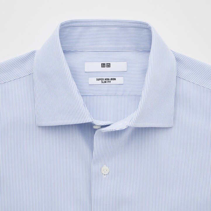 uniqlo super non iron slim fit randig skjorta med halv cutaway krage blå herrskjortor
