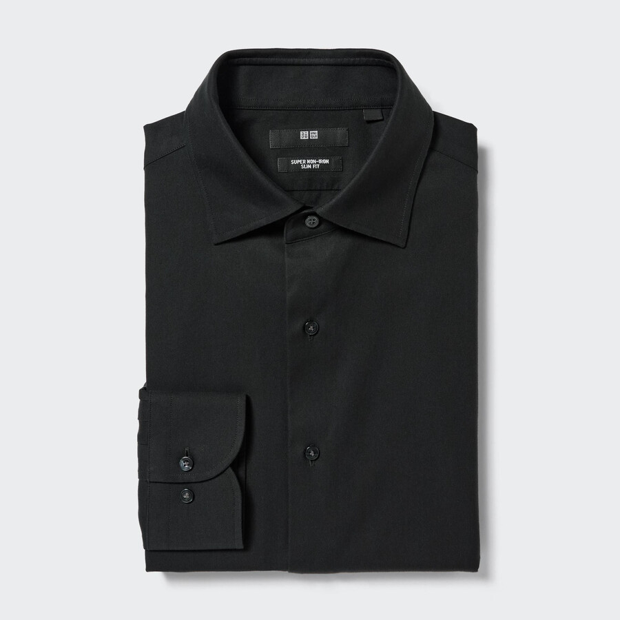 svart uniqlo super non iron slim fit t-shirt med halv cutaway krage för herrar