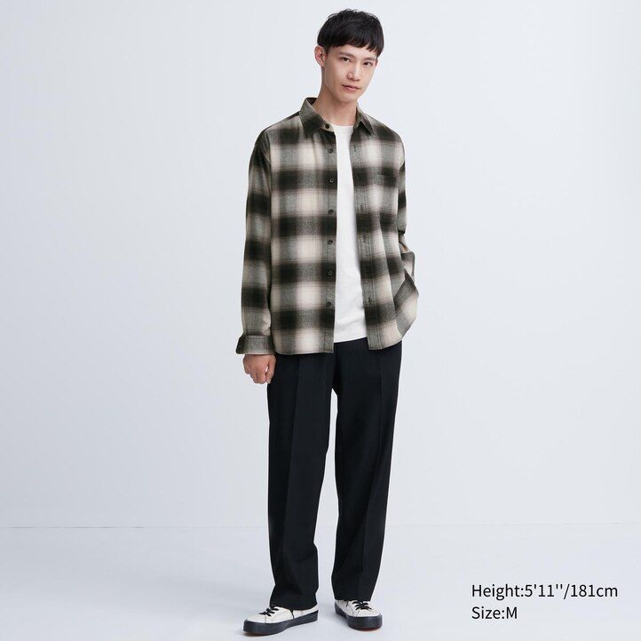 svart herr uniqlo flanellrutig t-shirt med vanlig krage