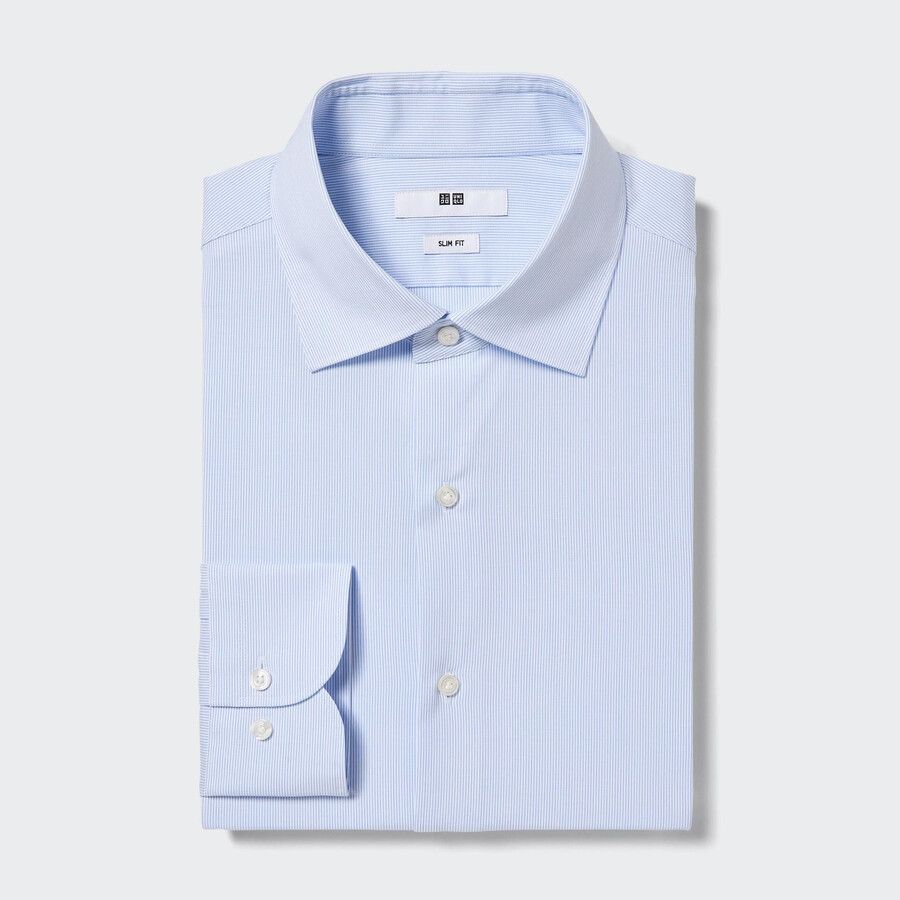 uniqlo easyre stretch slim fit randig semi cutaway krage herrskjortor blå