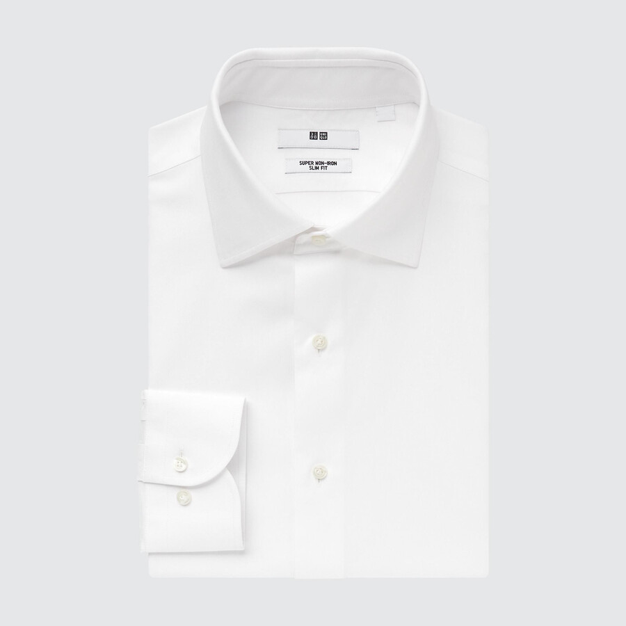 vit uniqlo super non iron slim fit t-shirt med halv cutaway krage för män