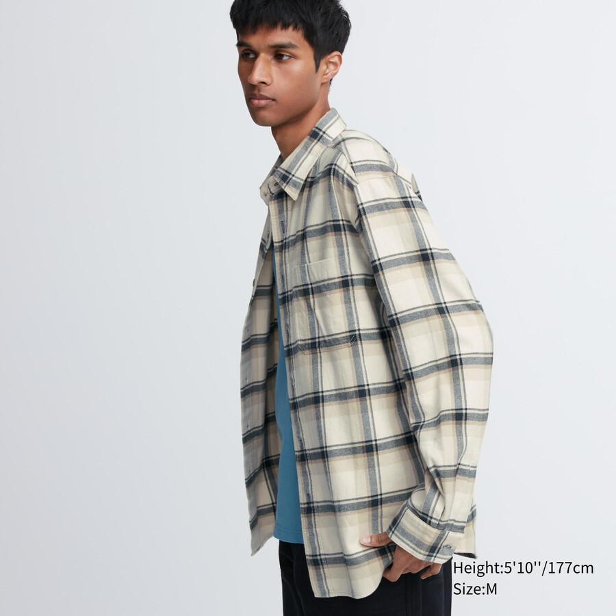 herr uniqlo flanellskjorta med rutig krage normal passform beige