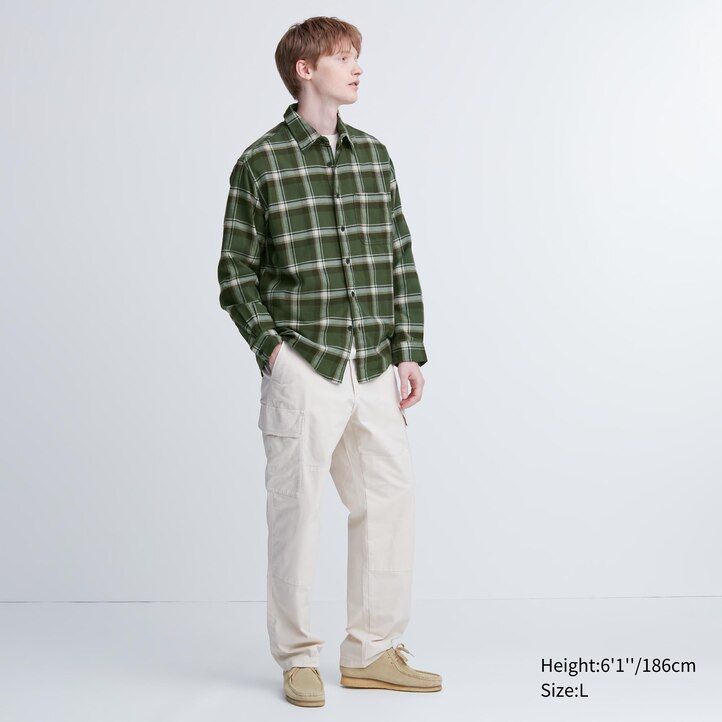 herr uniqlo flanellskjorta med rutig krage normal passform beige