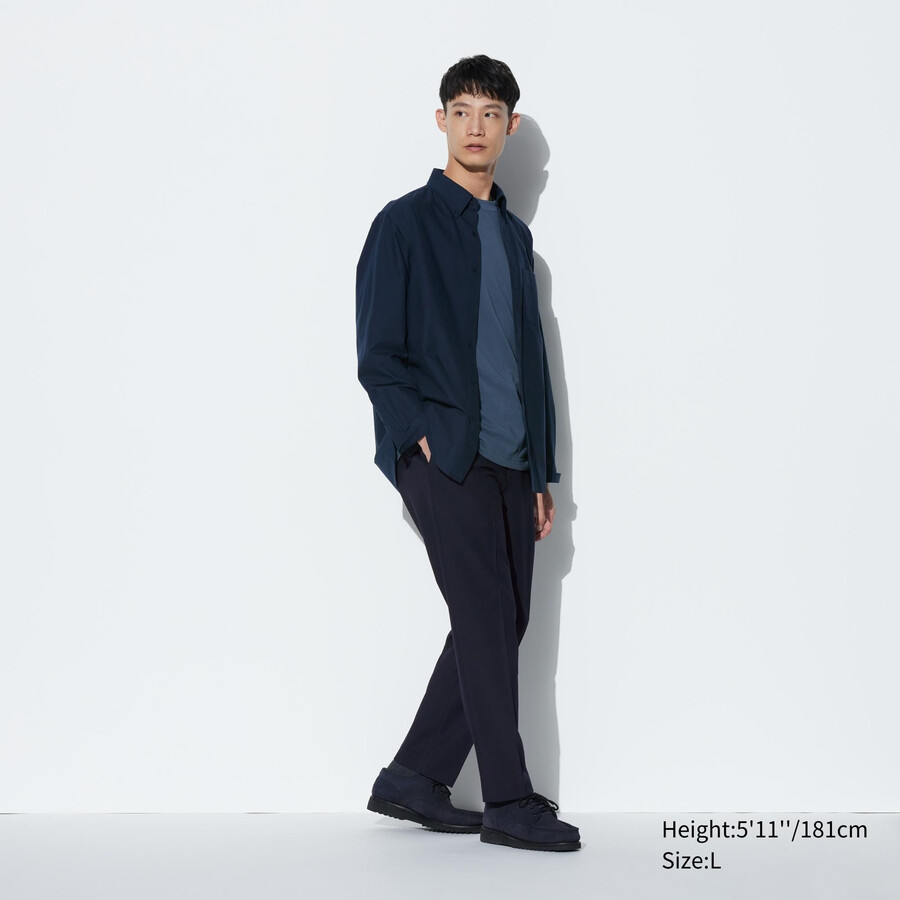 marinblå uniqlo smart ullliknande ankellånga herrkostymer