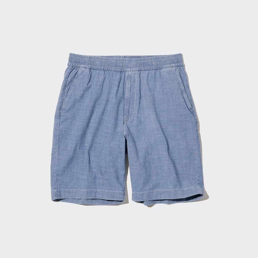blå herrbyxor uniqlo chambray stretchiga easys