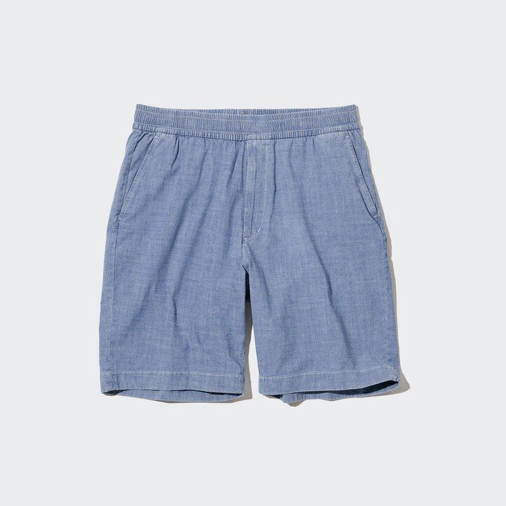 blå herrbyxor uniqlo chambray stretchiga easys