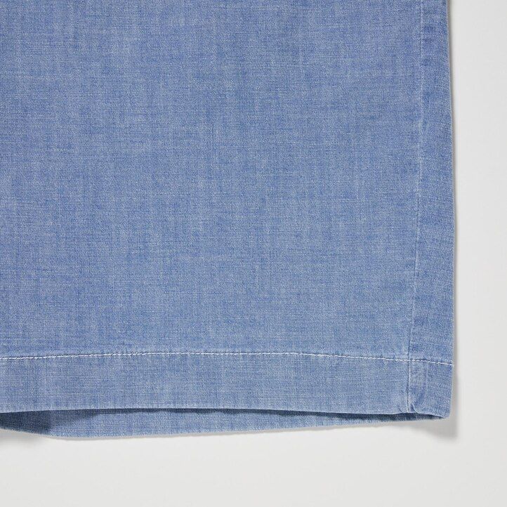 blå herrbyxor uniqlo chambray stretchiga easys