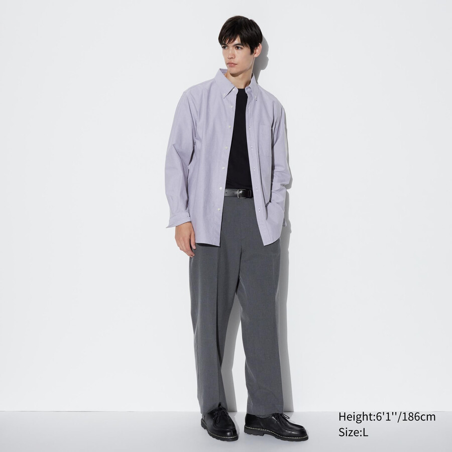 grå uniqlo plisserade byxor med vida ben för män