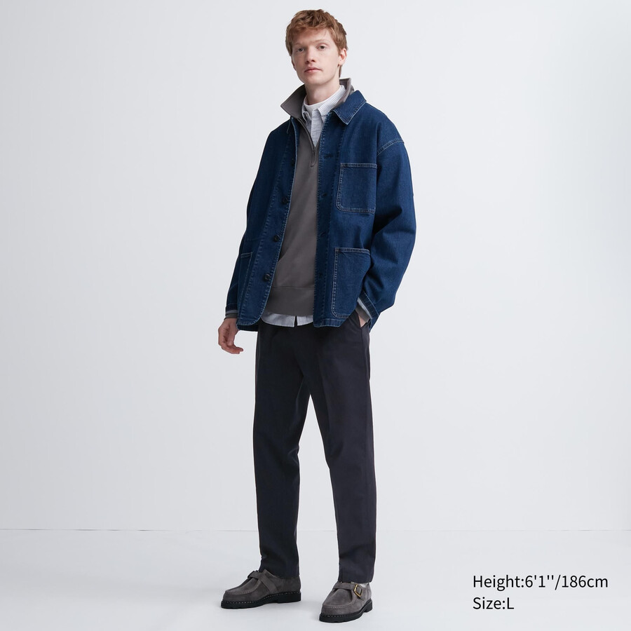 marinblå uniqlo smart bomullsbyxor i ankellängd för män