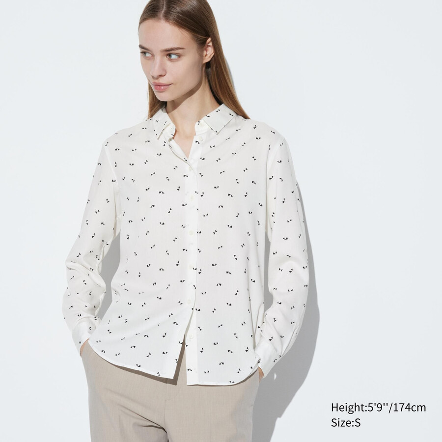 vit uniqlo rayon-blus med tryck och ärmar för kvinnor