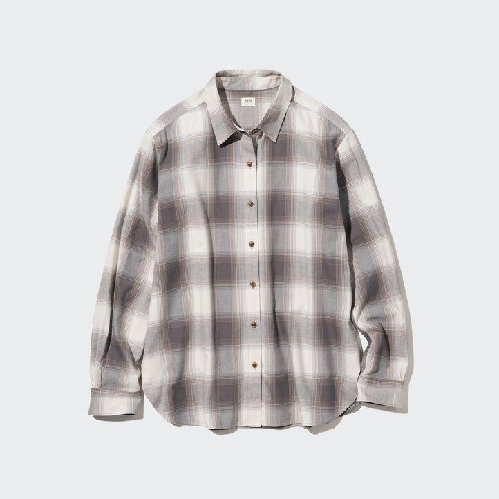 dam uniqlo mjuk borstad rutig blus med grå ärmar