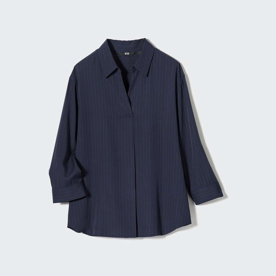 marinblå uniqlo rayon randig blus med skipperkrage 34 Ärmar dam