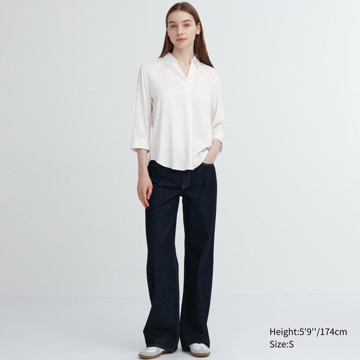marinblå uniqlo rayon randig blus med skipperkrage 34 Ärmar dam