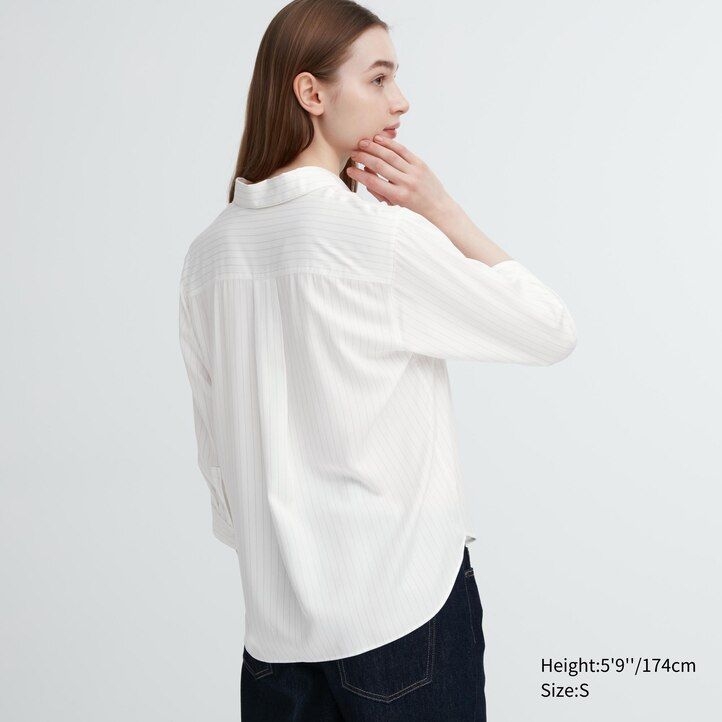 marinblå uniqlo rayon randig blus med skipperkrage 34 Ärmar dam