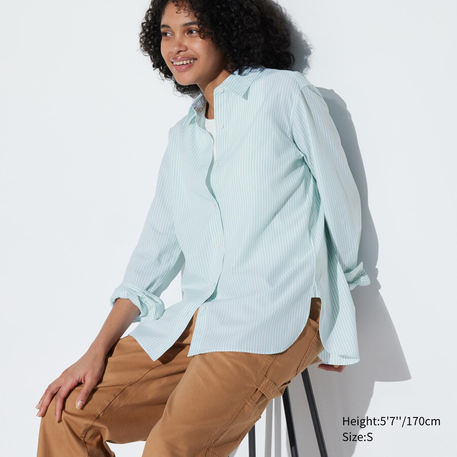 grön uniqlo extra fine cotton randig Ärm damblus