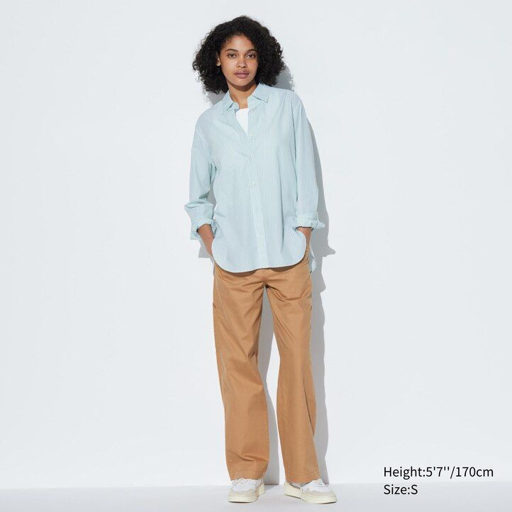 grön uniqlo extra fine cotton randig Ärm damblus