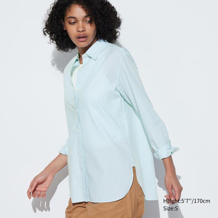 grön uniqlo extra fine cotton randig Ärm damblus