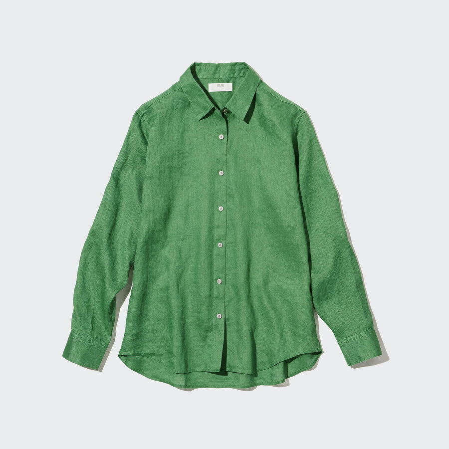 grön uniqlo 100 premium linneblus för kvinnor