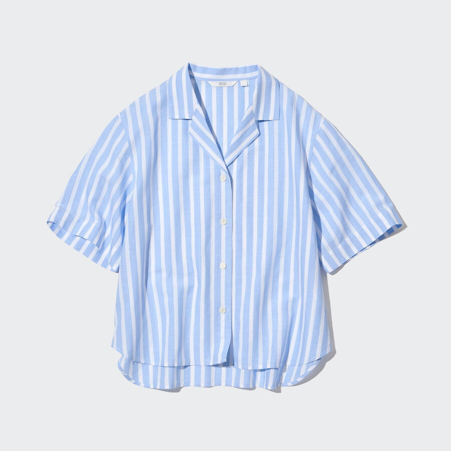uniqlo linneblandning randig Öppen krage Ärm damblus ljusblå