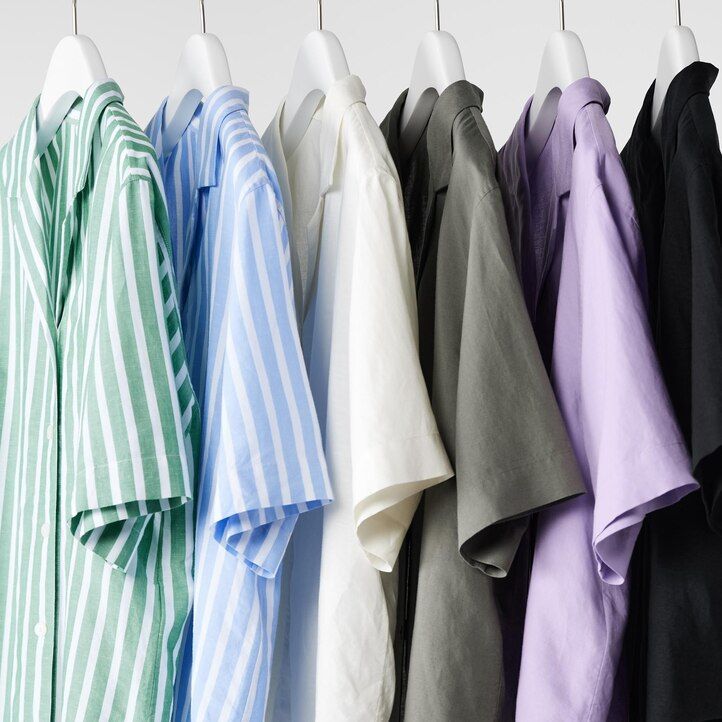 uniqlo linneblandning randig Öppen krage Ärm damblus ljusblå
