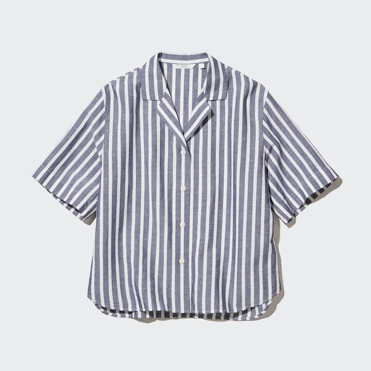 uniqlo linneblandning randig Öppen krage Ärm damblus ljusblå