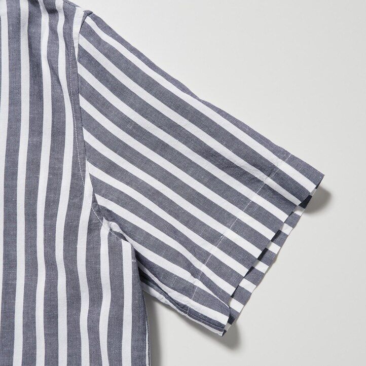 uniqlo linneblandning randig Öppen krage Ärm damblus ljusblå