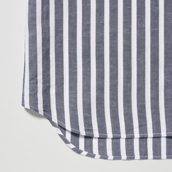 uniqlo linneblandning randig Öppen krage Ärm damblus ljusblå