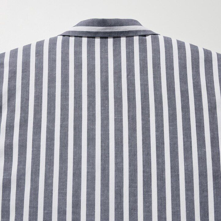 uniqlo linneblandning randig Öppen krage Ärm damblus ljusblå
