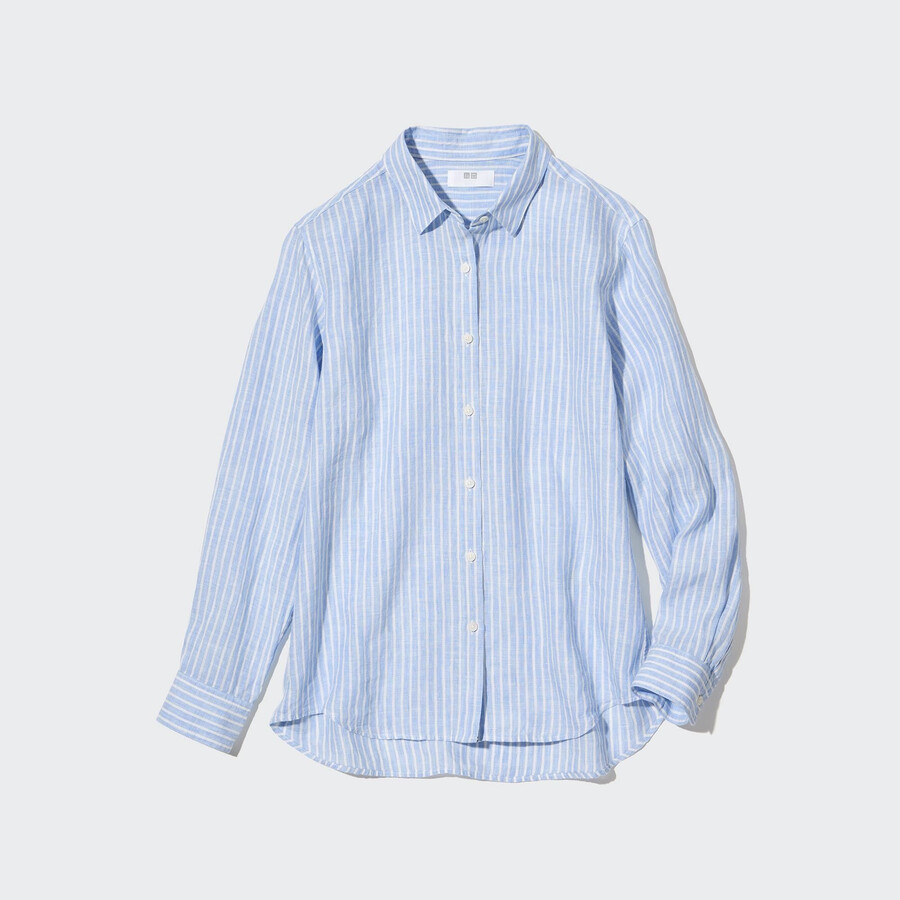 dam uniqlo 100 premium linne randig Ärmblus ljusblå