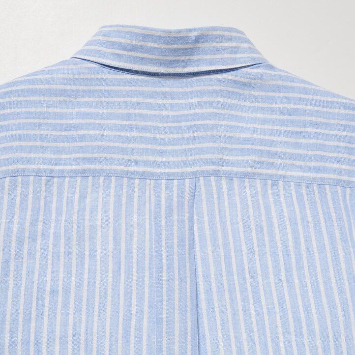 dam uniqlo 100 premium linne randig Ärmblus ljusblå