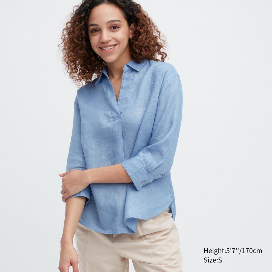 uniqlo 100 premium linne skipper collar 34 Ärm damblus blå
