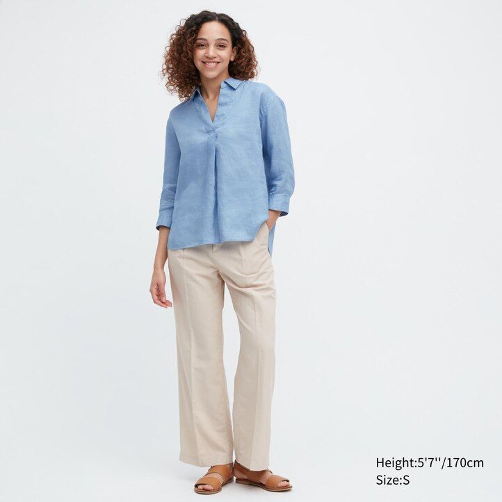 uniqlo 100 premium linne skipper collar 34 Ärm damblus blå