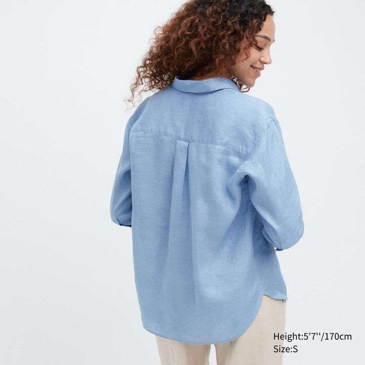 uniqlo 100 premium linne skipper collar 34 Ärm damblus blå