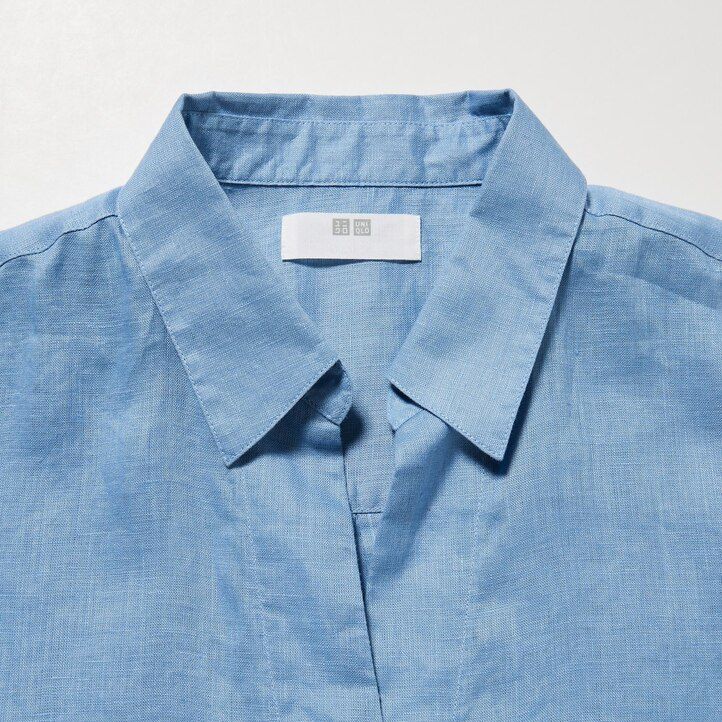 uniqlo 100 premium linne skipper collar 34 Ärm damblus blå