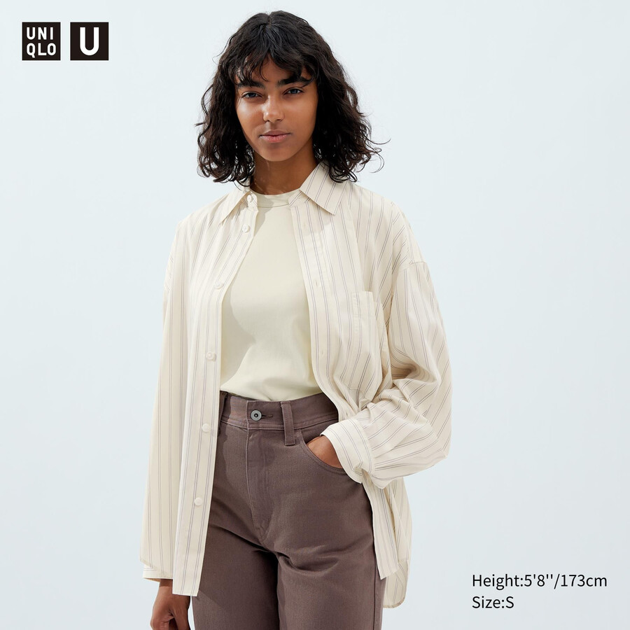 dam uniqlo drape randig Ärmblus beige