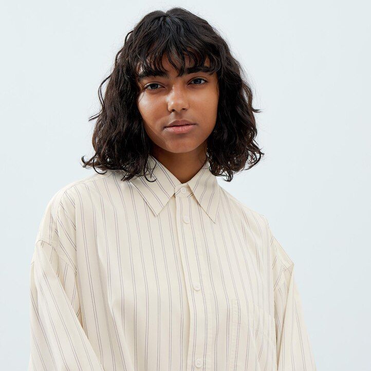 dam uniqlo drape randig Ärmblus beige