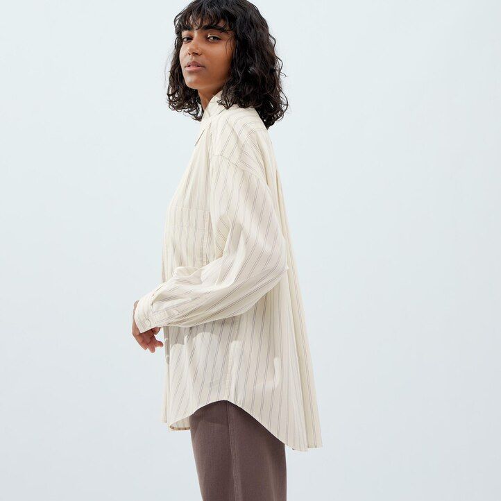 dam uniqlo drape randig Ärmblus beige