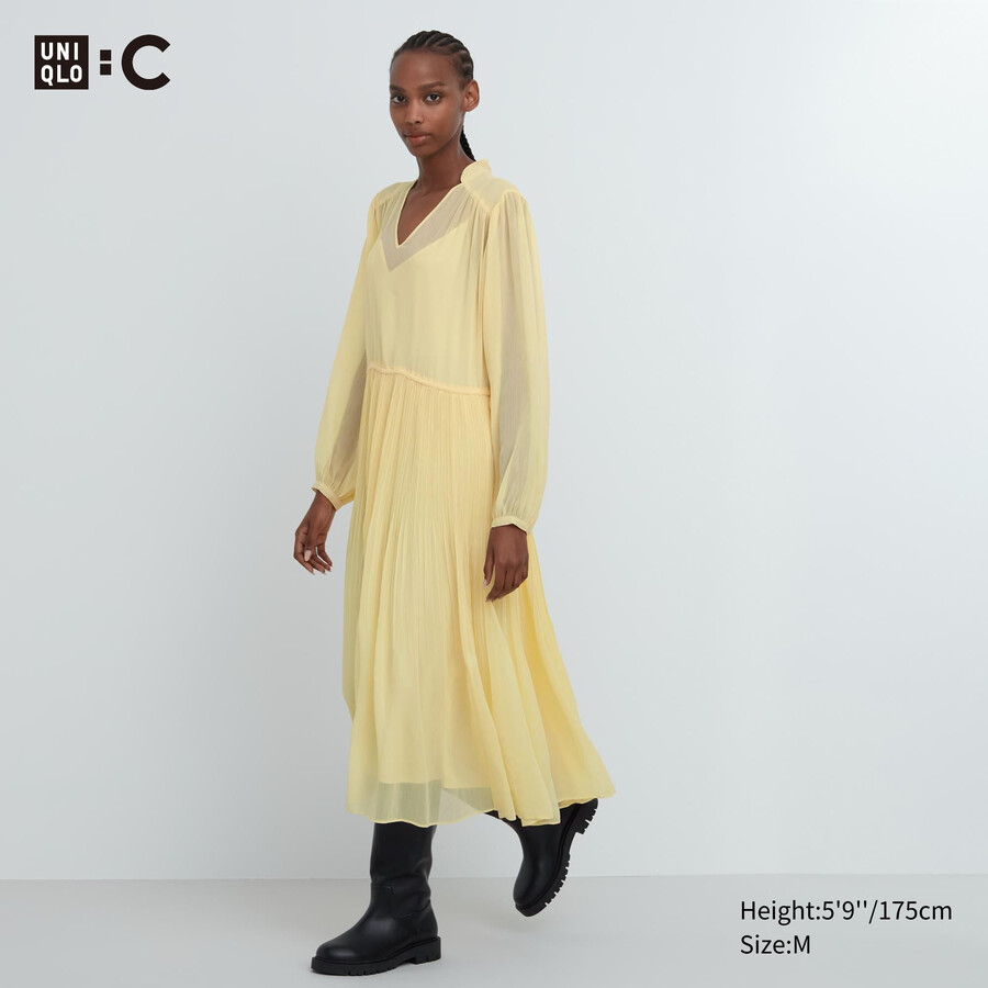 dam uniqlo chiffongklänning med plisserade Ärmar gul