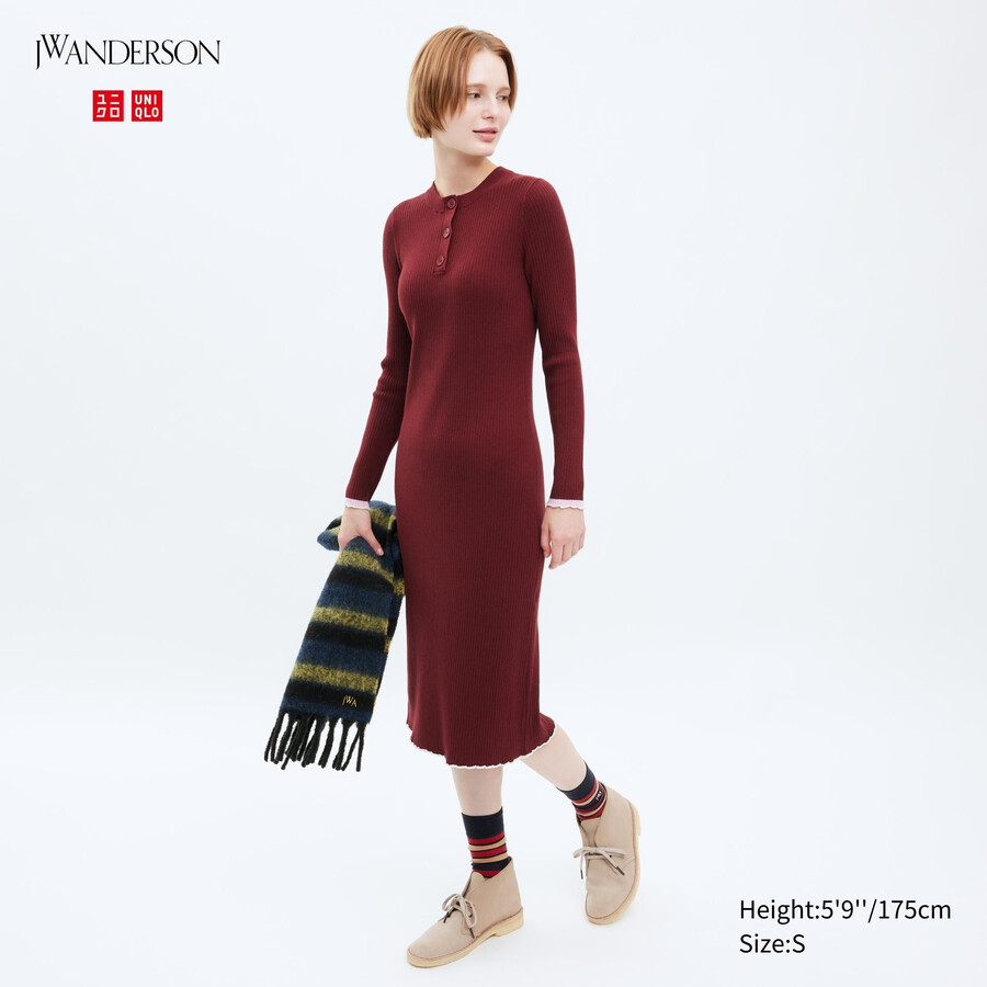 uniqlo ribbad stickad Ärm damklänning röd