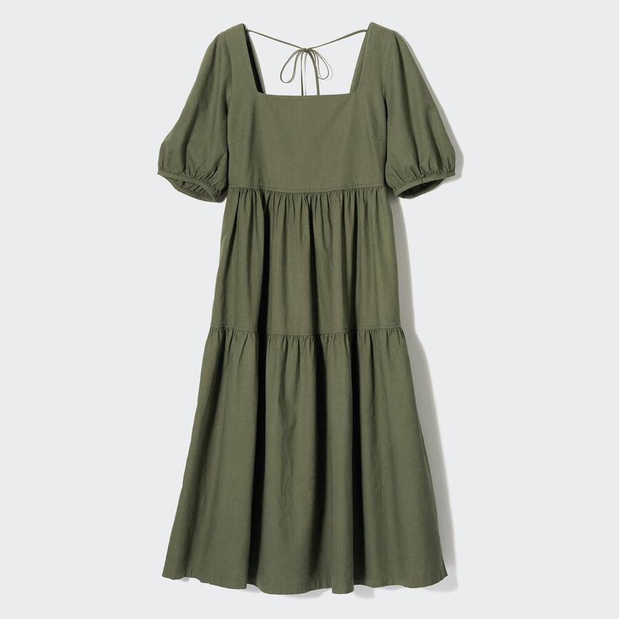 uniqlo klänning i linneblandning med volymärmar olivgrön