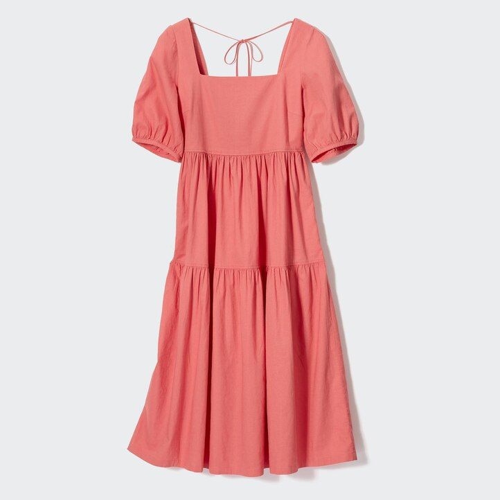 uniqlo klänning i linneblandning med volymärmar olivgrön
