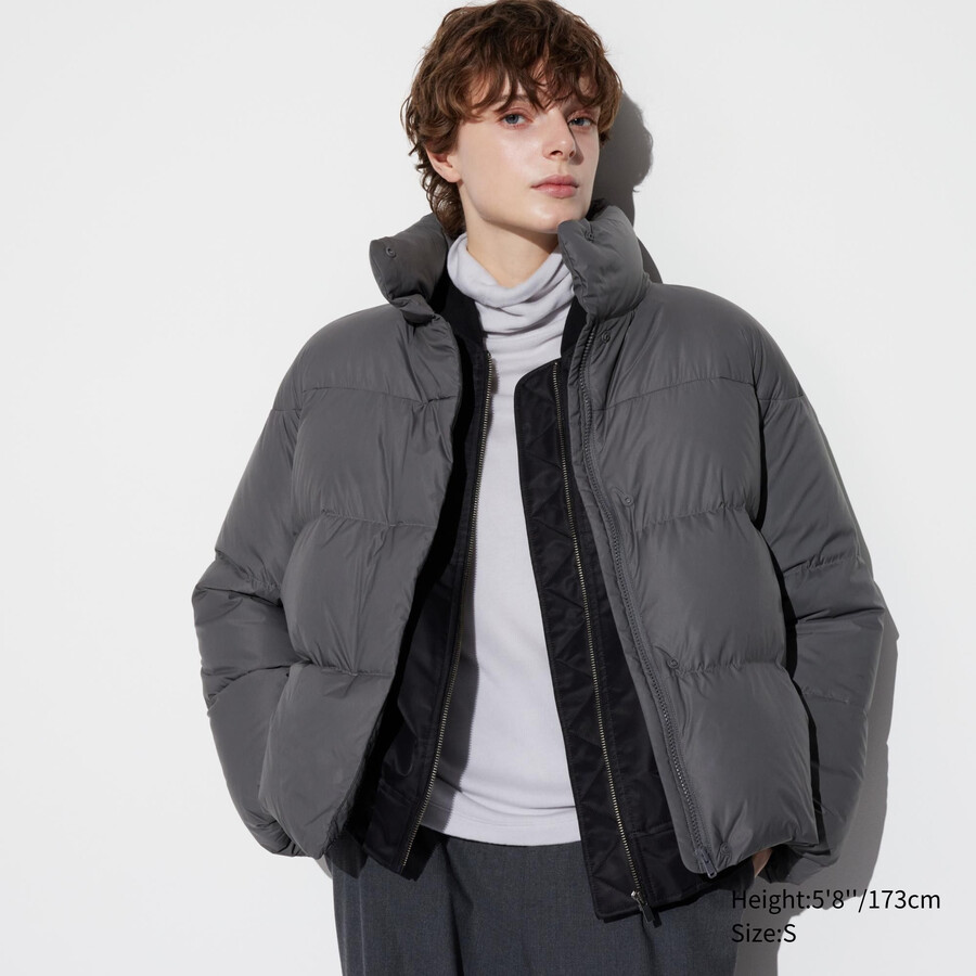 grå uniqlo powder soft down nanodesign damjackor