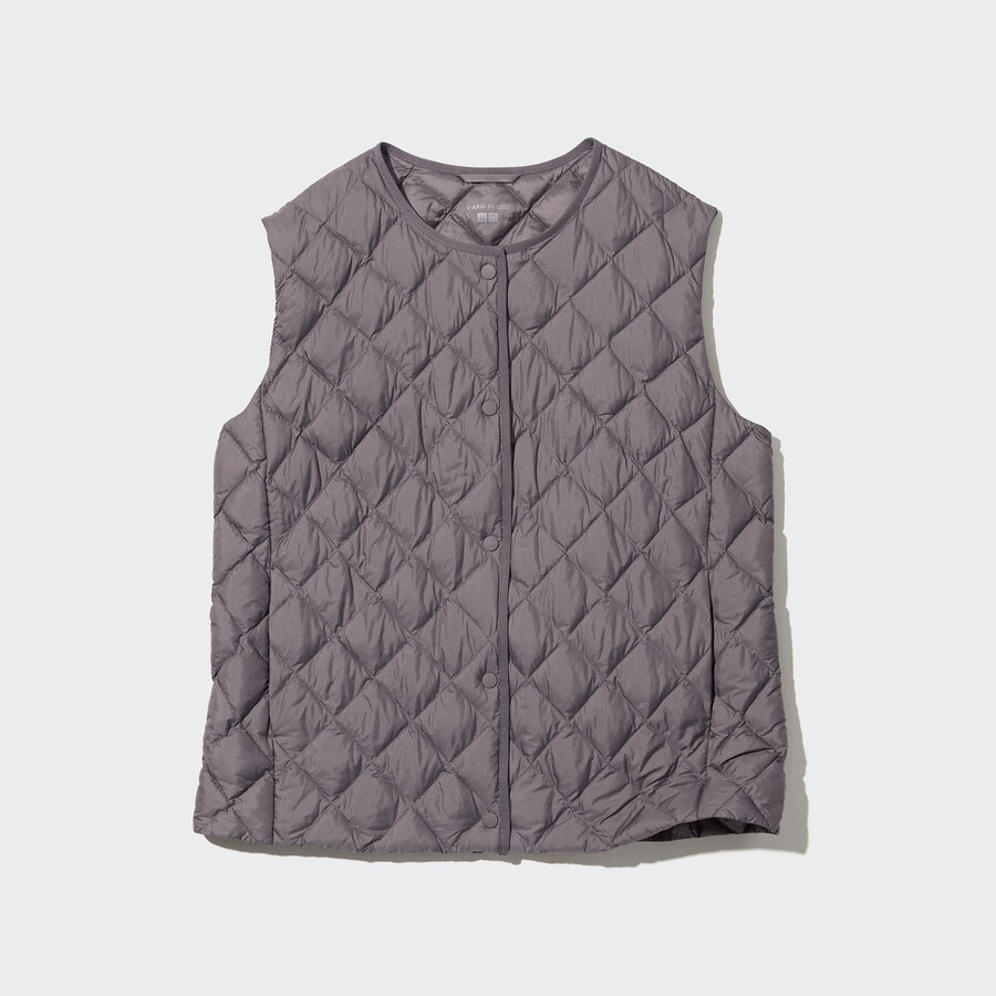 grå uniqlo varm vadderade quiltade damjackor